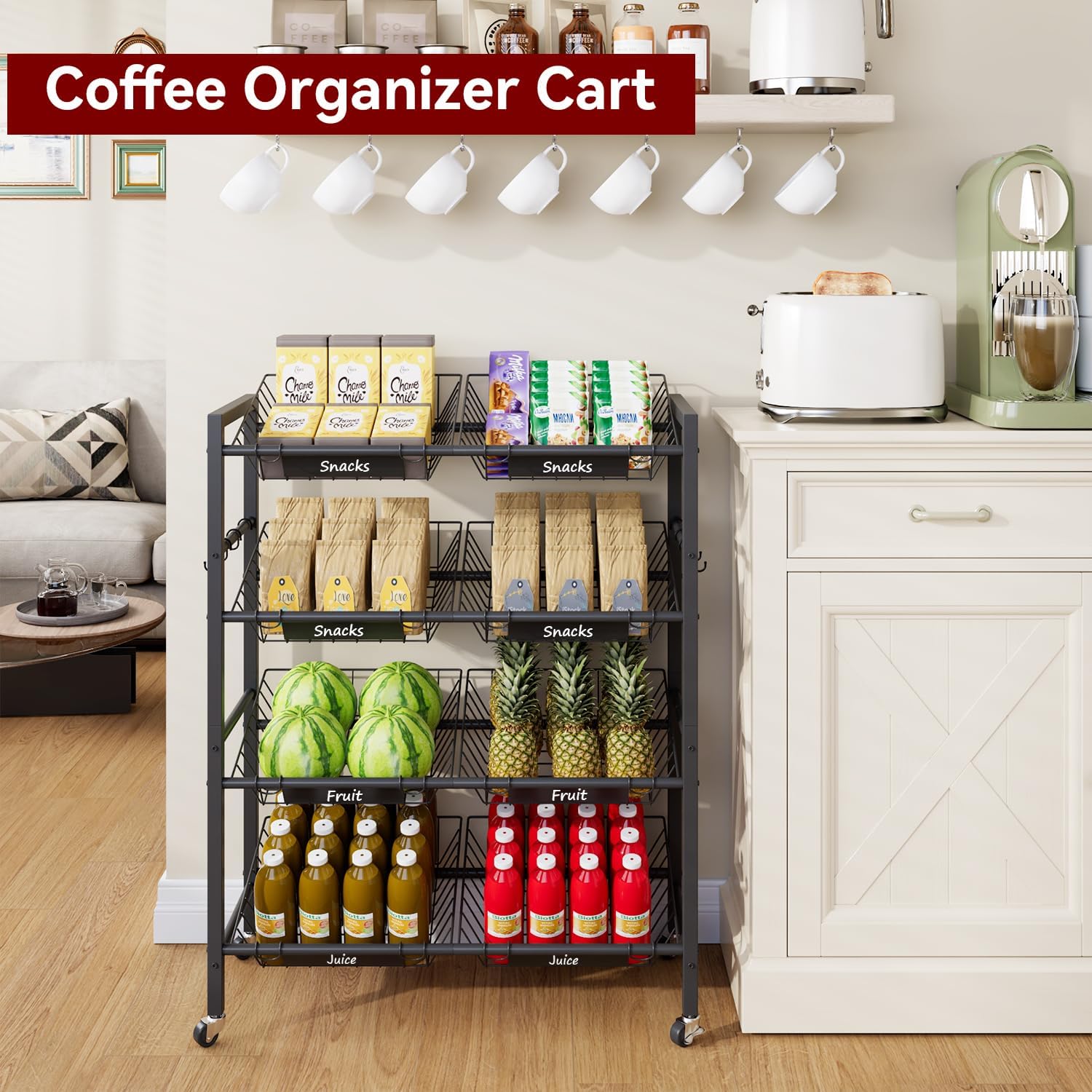IBUYKE Kitchen Fruit Vegetable Storage Cart,Utility Cart,Black,TLJ025B | 25.2" W Metal Rolling Snack Cart with 8 Removable Basket,Pantry Cart with Wheels for Veggie Onion Potato Bin