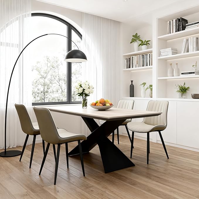 Dining Chairs Set of 4, Leather Modern Kitchen & Dining Room Chairs, Comfortable Upholstered Kitchen Chairs with Metal Legs Armless Side Chairs for Kitchen Restaurant, Khaki & Dark Grey