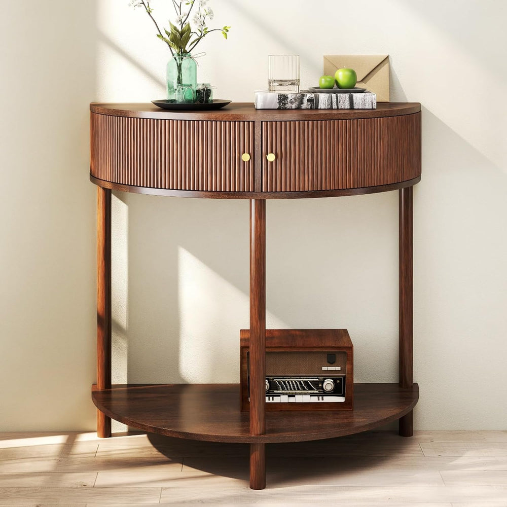 Entryway Table, Artisan-Crafted Half Moon Fluted Console Tables with 2 Rattan...