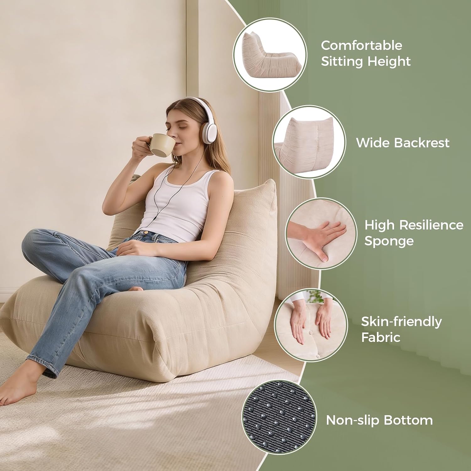 SUYOLS Bean Bag Chair, Fireside Chair Big Bean Bag Sofa for Adults/Teens, Memory Foam Bean Bag Gaming Chairs with Comfy Design & Premium Fabric, Lazy Floor Sofa for Living Room, Bedroom, Beige