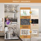 Beauty4U Glass Display Cabinet with LED Lights and Mirror, 5 Shelves with 2 Doors, Curio Cabinets for Living Room, Bedroom, Office, White Floor Standing Glass Bookshelf, Quick Installation