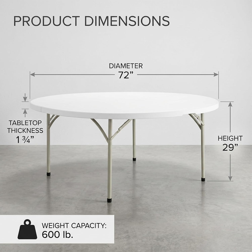 6-Pack 72-Inch Round Plastic Folding Tables, Bulk 6ft Heavy-Duty Commercial G...