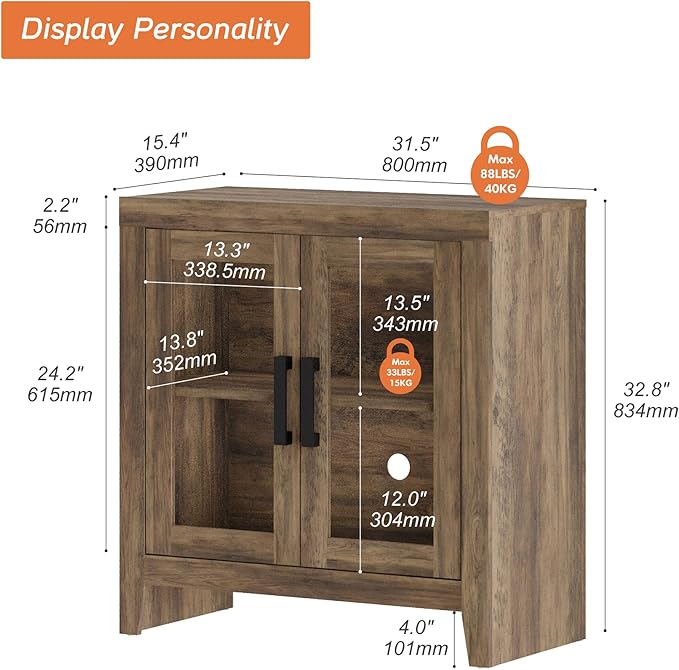 WAMPAT Farmhouse TV Stand for TVs up to 50”, Rustic Wood Entertainment Center with Adjustable Shelf, Glass Doors & Storage, Media Console Cabinet for Living-Room, Bedroom, Brown