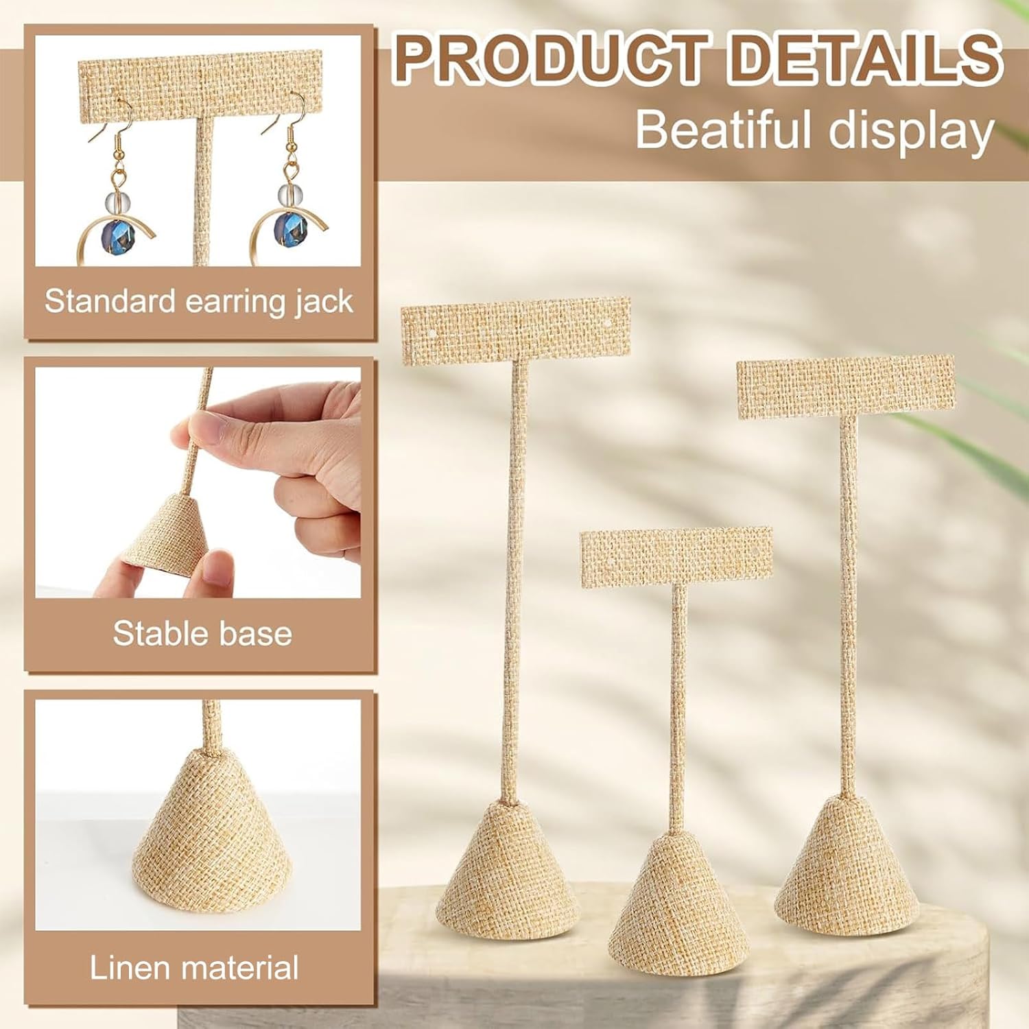 Marsui 12 Pcs Earring Display Set Earring T Bar Display Earring Holders with 3 Heights Earrings Display Stand for Jewelry(Linen Color)