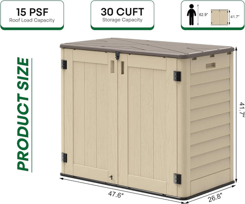 30 Cu.Ft Outdoor Storage Shed, Multi-Purpose Weather-Resistant Utility Shed for Garbage Cans, Lawn Mower, Garden Tools, Waterproof Resin Horizontal Cabinet with Pad-Lockable Doors (Khaki)