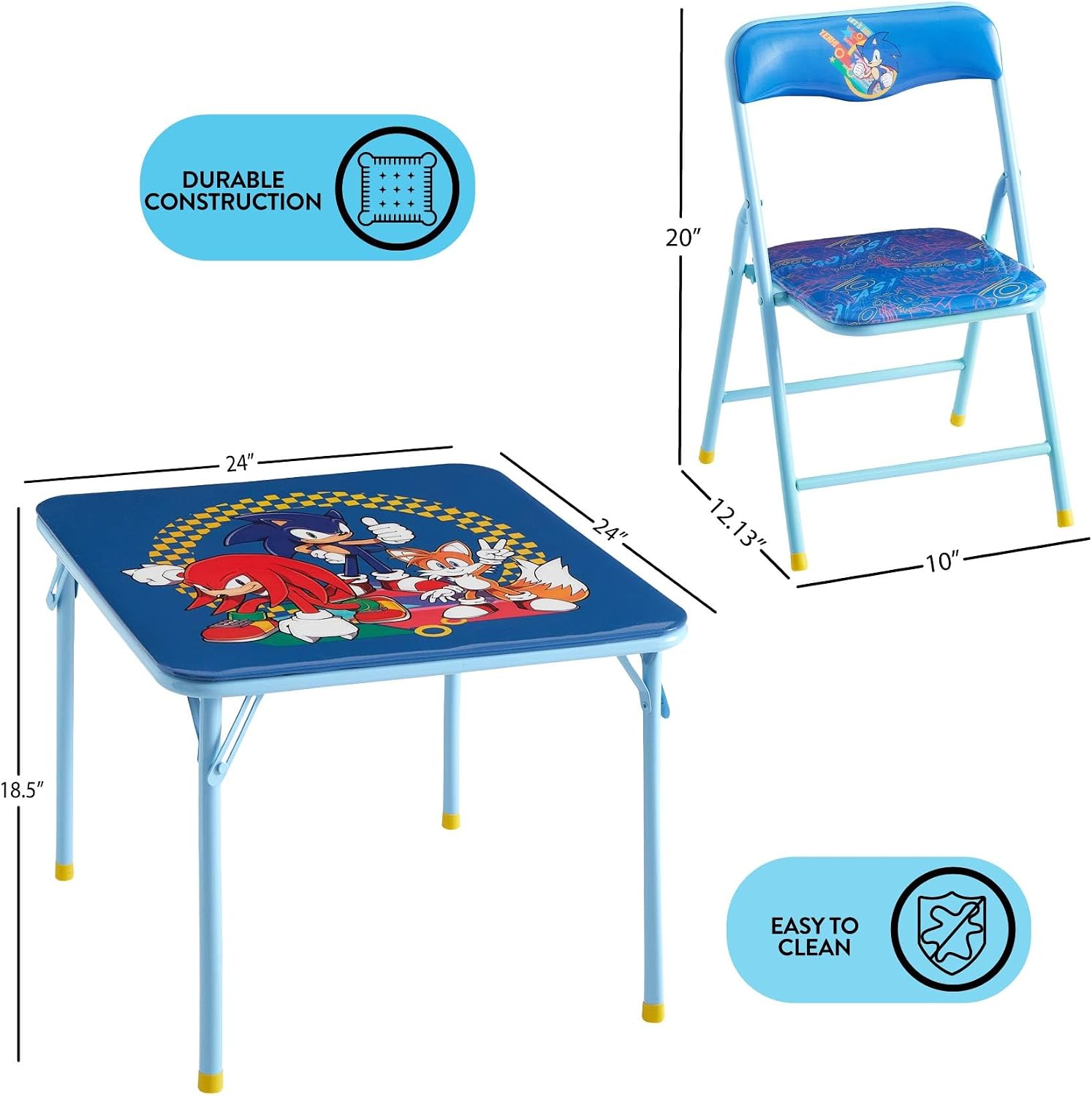 Sega Sonic The Hedgehog Kids Table and Chair Set, 3-Piece Square Table with 2 Folding Chairs for Playroom & Activities