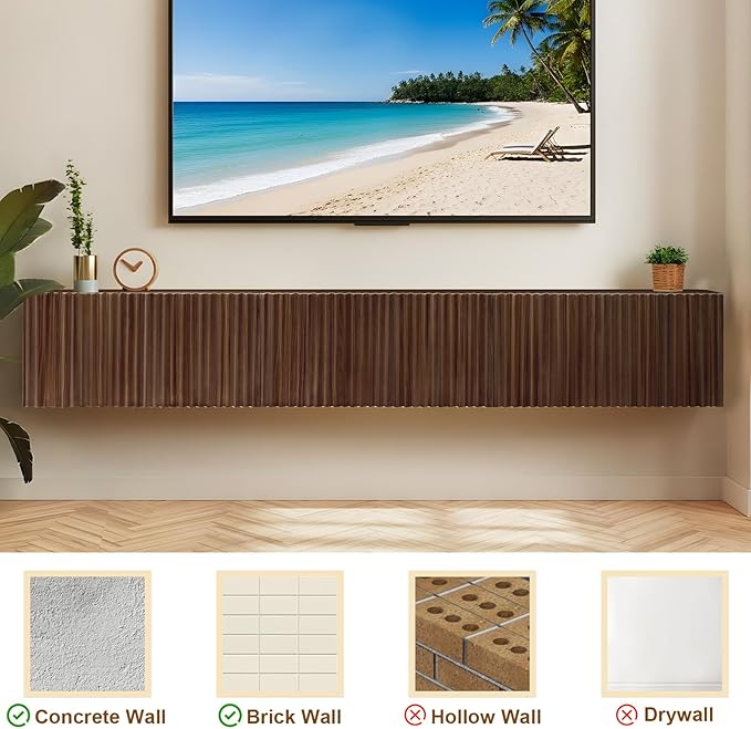 Floating TV Stand, Modern Wall Mount Entertainment Center TV Shelf, 70.7" Media Console Under TV Storage Cabinet with Fluted Doors, TV Consoles for Living Room, Floating Cabinet for Wall (Walnut)