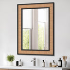 Rattan Wall Mirror with Wooden Framed 24 X 32 inch Farmhouse Rectangle Wood Mirror for Modern Decorative Bathroom, Living Room, Entryway, Bedroom (Black)