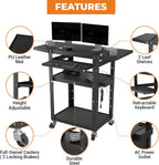 Mobile AV Cart with Pullout Keyboard Tray, Rolling Computer Cart Height Adjustable Rolling Media Utility Cart with 4 Wheels, 4 Outlets, Perfect for Home or Office Us