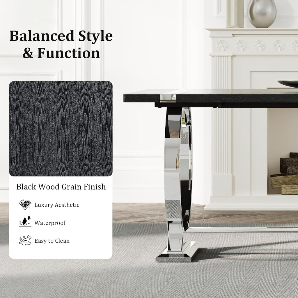 Asday 77" Modern Dining Table for 6-8, Black Wooden Dining Table with Silver Polished Stainless Steel U-Shaped Base, Rectangular Kitchen Table for Dining Room, Kitchen & Living Room