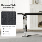 Asday 77" Modern Dining Table for 6-8, Black Wooden Dining Table with Silver Polished Stainless Steel U-Shaped Base, Rectangular Kitchen Table for Dining Room, Kitchen & Living Room