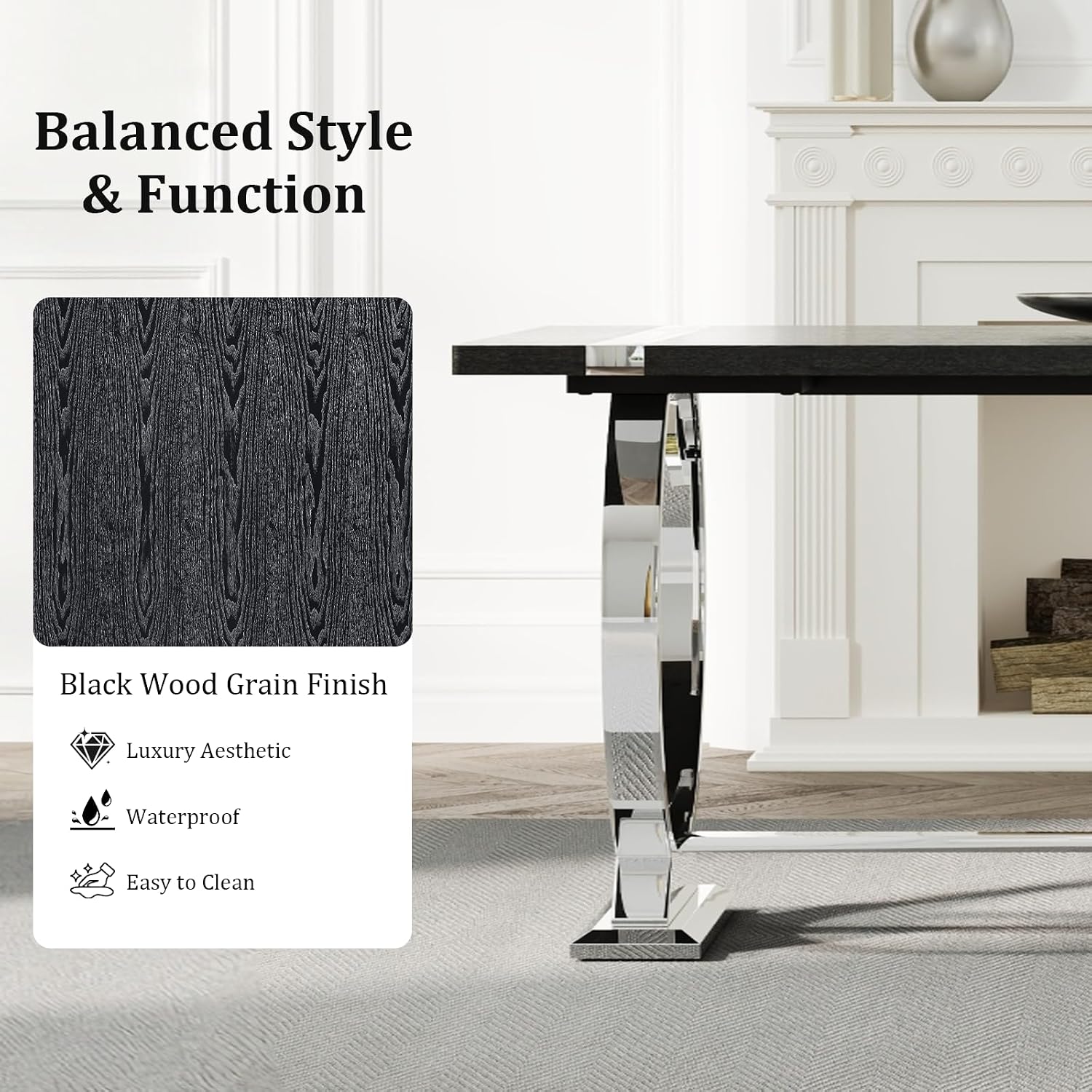 Asday 77" Modern Dining Table for 6-8, Black Wooden Dining Table with Silver Polished Stainless Steel U-Shaped Base, Rectangular Kitchen Table for Dining Room, Kitchen & Living Room