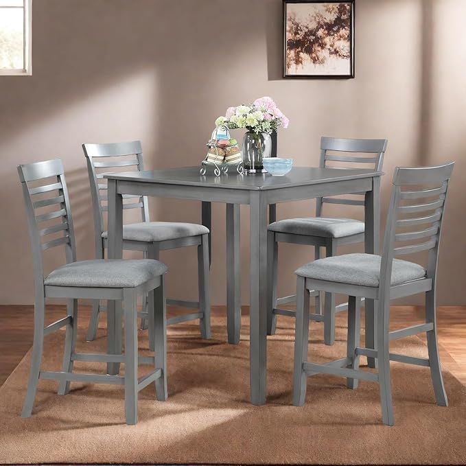 Dining Table Set for 4, Modern 5 Piece Dining Room Table Set with Square Table & 4 Ladder Backrest Upholstered Chairs, Counter Height Kitchen Chairs Set for Small Space, Gray