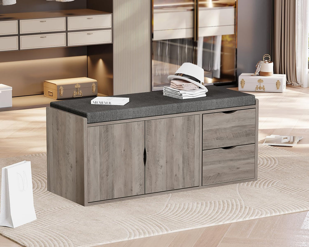 LVB 2-Tier Storage Bench with Padded Cushion, Entryway Shoe Bench with 2 Draw...