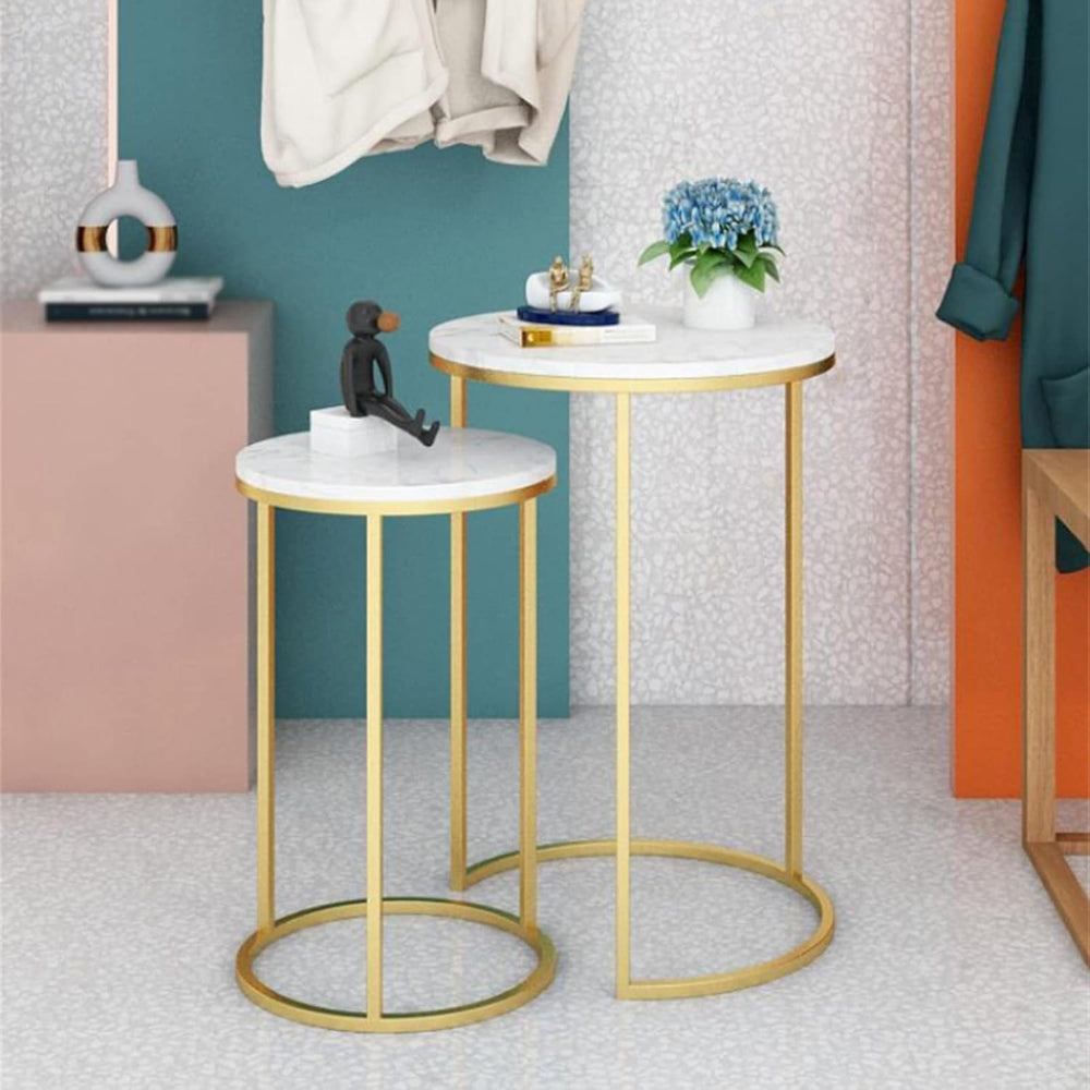 Round Nesting Table, Set of 2 Coffee Tables with Marble Top Stackable Side Ta...