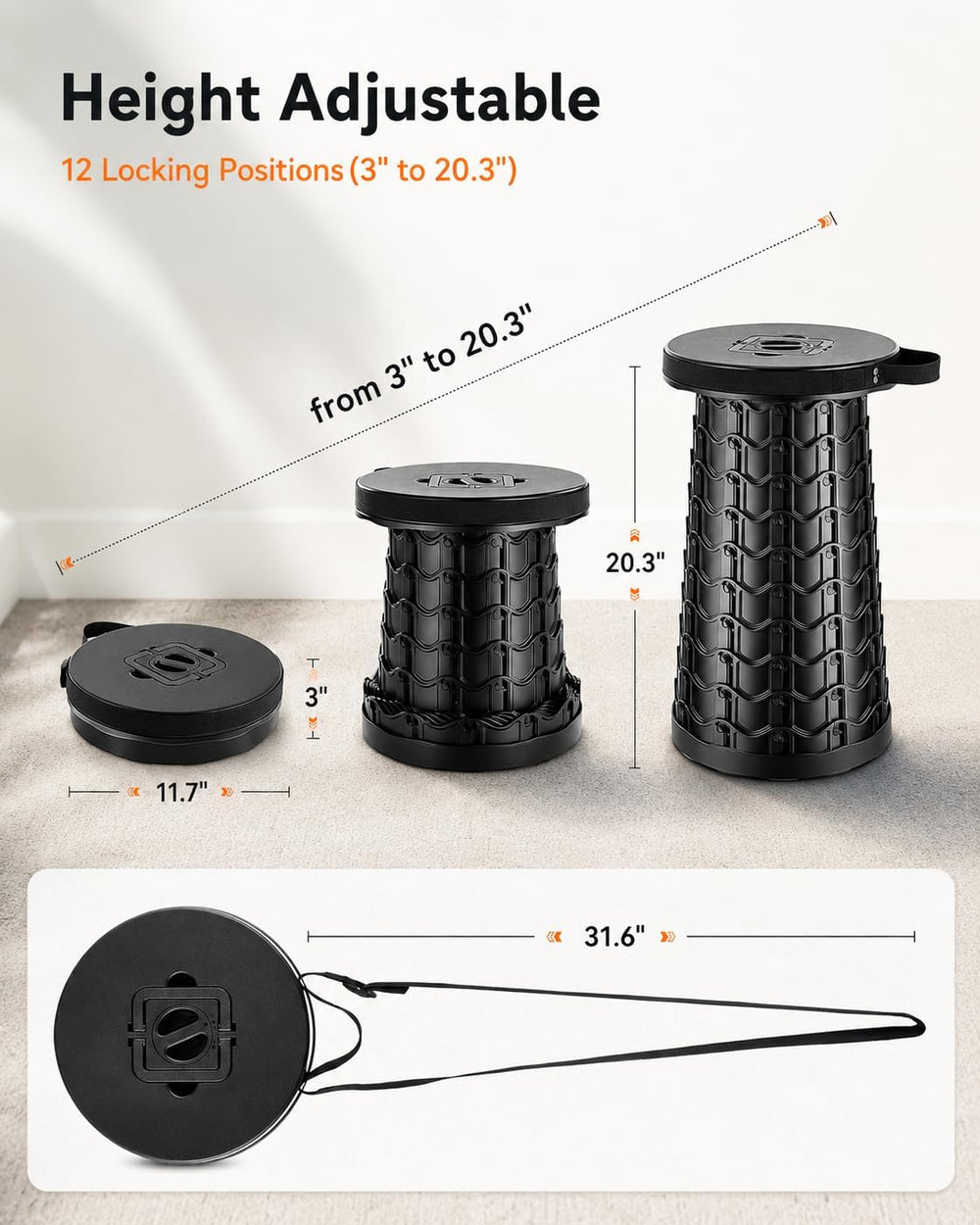 Portable Collapsible Stool with Lock for Camping, Fishing Black