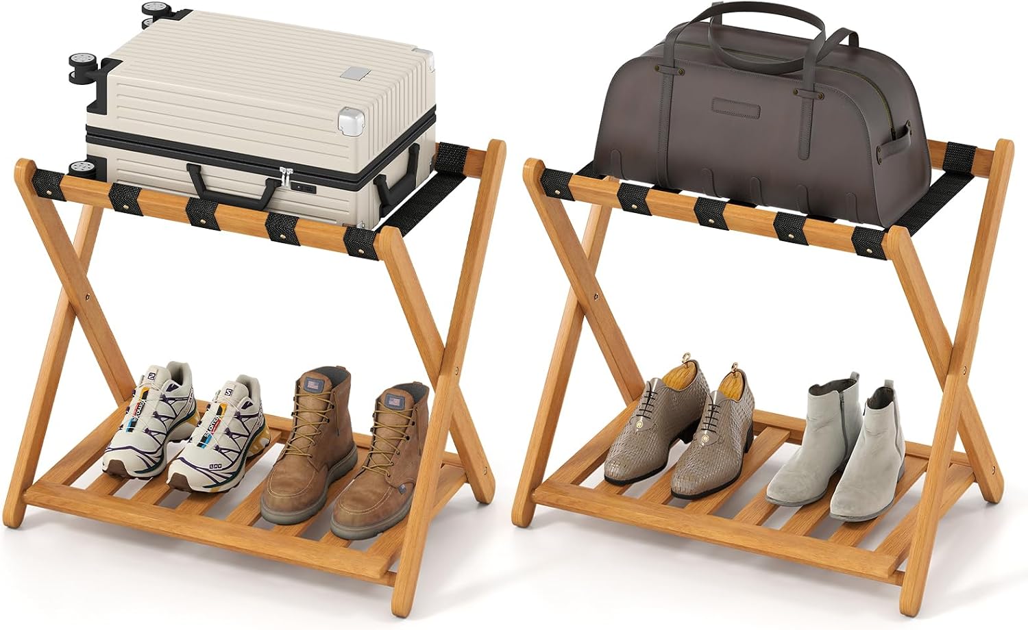 Goplus Luggage Rack for Guest Room Set of 2, Folding Suitcase Stand with Storage Shelf, Acacia Wood Frame & 5 Nylon Straps, Fully Assembled 27" Luggage Stand for Bedroom, Hotel, Holds up to 200 LBS