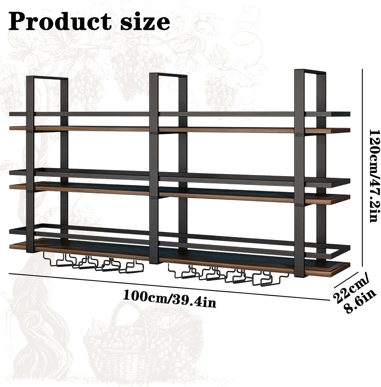 Wall Mounted Wine Rack with LED Light, Metal Liquor Bottles Display Shelf, Floating Shelves Display Storage Organizer, Wall Bar Shelves with Wine Glass Holder for Home Bar Kitchen (black, 39.4in)