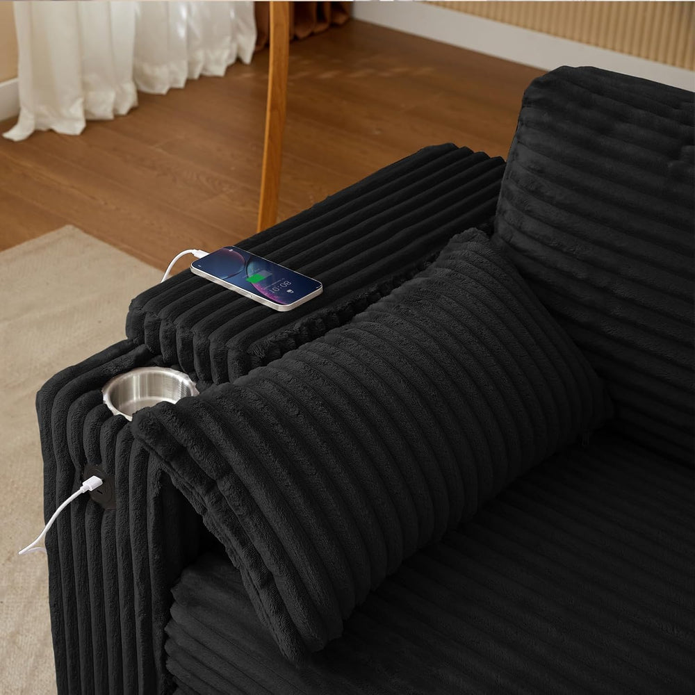 Convertible Corduroy Sofa Bed with USB Charging Port & Cup Holders, 68.11...