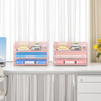 Subekyu 2-Pack 3-Tier Pink Metal Mesh Desk Paper Letter Tray & File Sorter Organizer with Handle + 1 Sliding Tray for Desk, Home, Office, School Supplies, A4 Paper and Accessories Storage