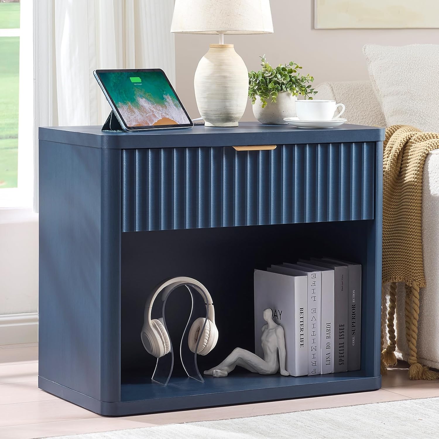 LEYAOYAO 31" Wide Fluted Nightstand with Charging Station, Oversized Extra Large 1 Drawer Night Stand with Golden Handle, Blue Wood Bedside Table Tall End Tables,for Bedroom, Living Room, Hallway