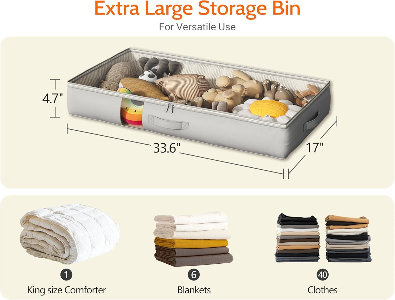 Under Bed Storage Containers with Window, Closet Organizers and Storage Bags, Foldable Underbed Storage Bags for Blankets, Clothing, Comforter, Linen Sheets, Wrapping Paper, 2 Pack, Grey