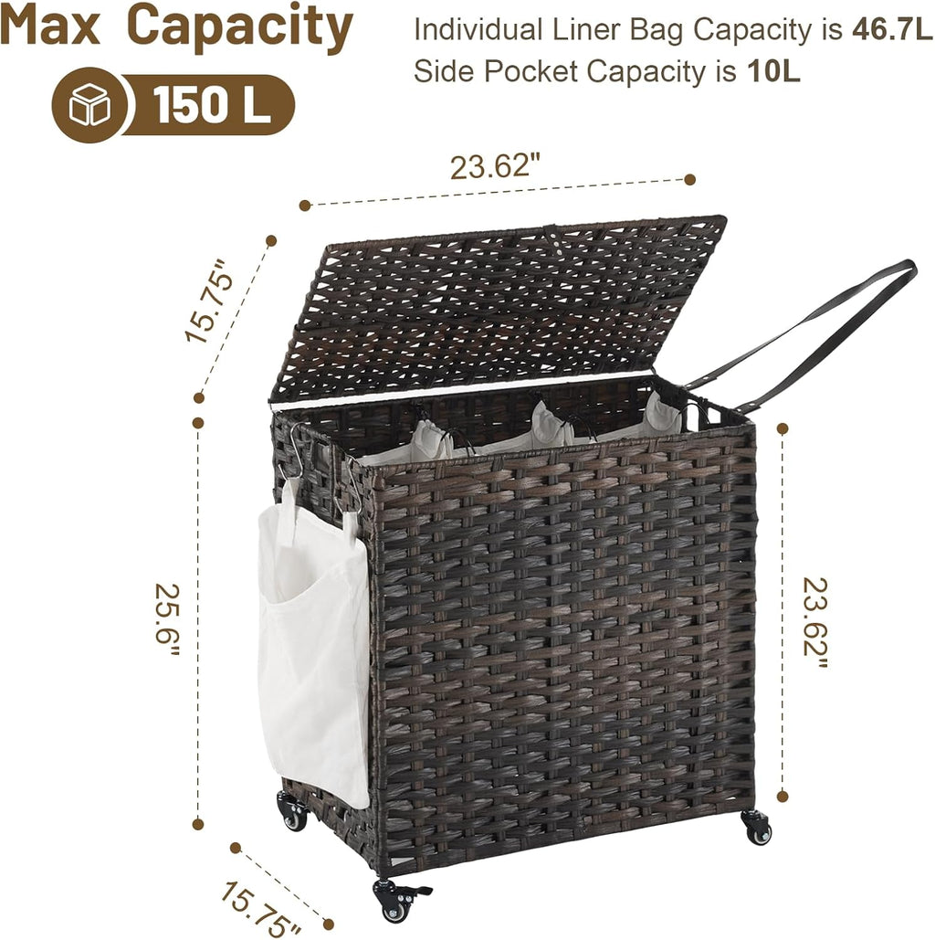 Laundry Hamper with Wheels, 39.6 Gallon(150L) Rolling Laundry Basket with Lid, 3-Section Rattan Clothes Hamper with 3 Removable Liner & 3 Mesh Bags, Laundry Sorter with Side Pocket, Brown