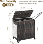 Laundry Hamper with Wheels, 39.6 Gallon(150L) Rolling Laundry Basket with Lid, 3-Section Rattan Clothes Hamper with 3 Removable Liner & 3 Mesh Bags, Laundry Sorter with Side Pocket, Brown
