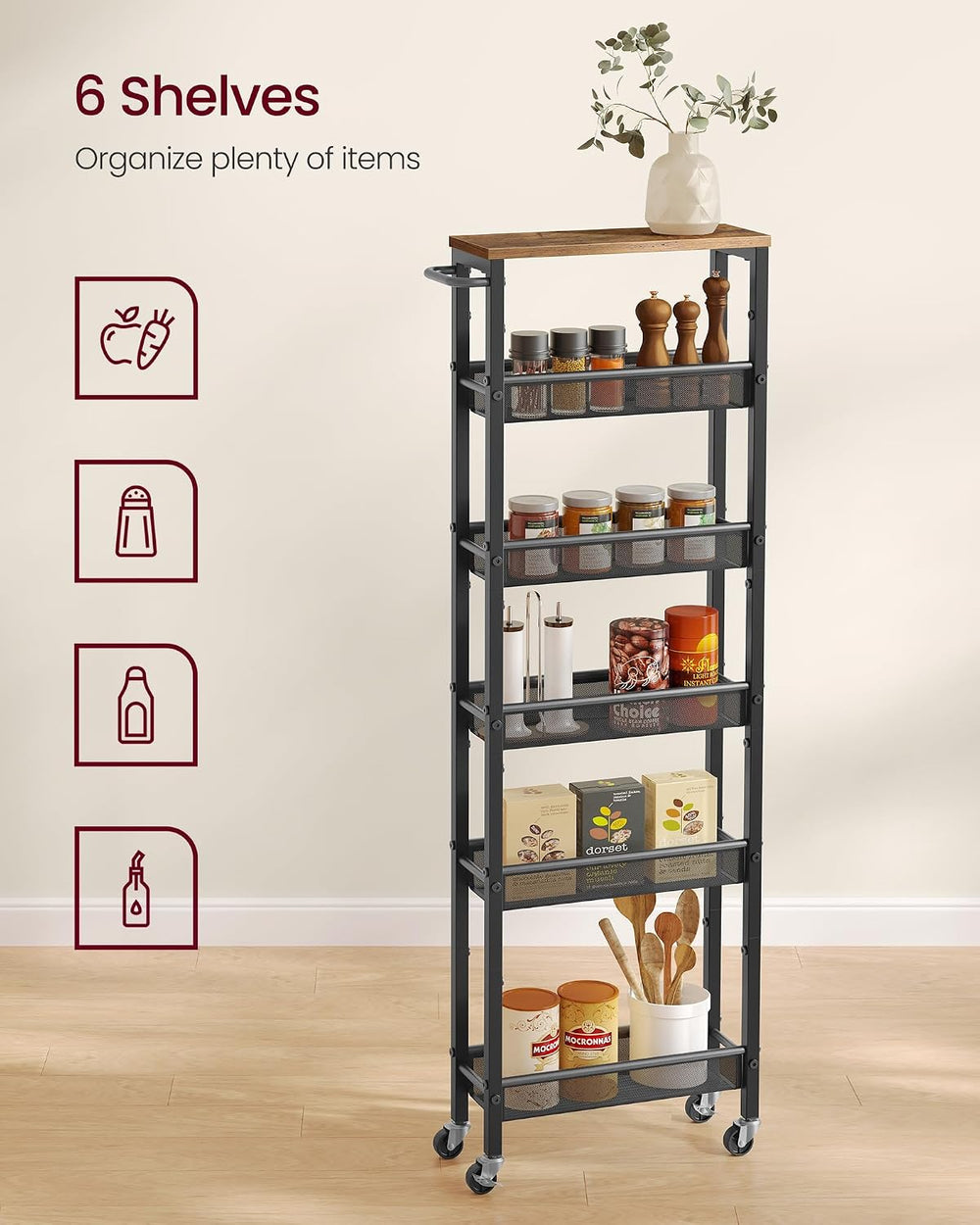 VASAGLE Slim Storage Cart, 6-Tier Rolling Utility Cart, Skinny Shelf for Kitc...