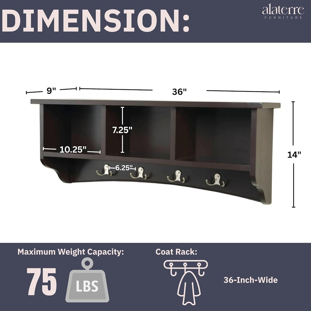 Alaterre Shaker Cottage Wall-Mounted Coat Rack with Cubbies, Chocolate, 36”