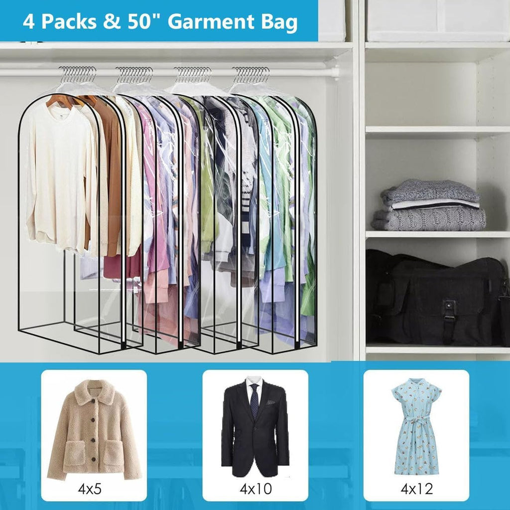 50" Clear Clothes Hangers with Smooth Side Zipper, 10" Gusseted Waterproof Garment Bags for Shirts, Coats, Dresses, Suits, 4 Pack