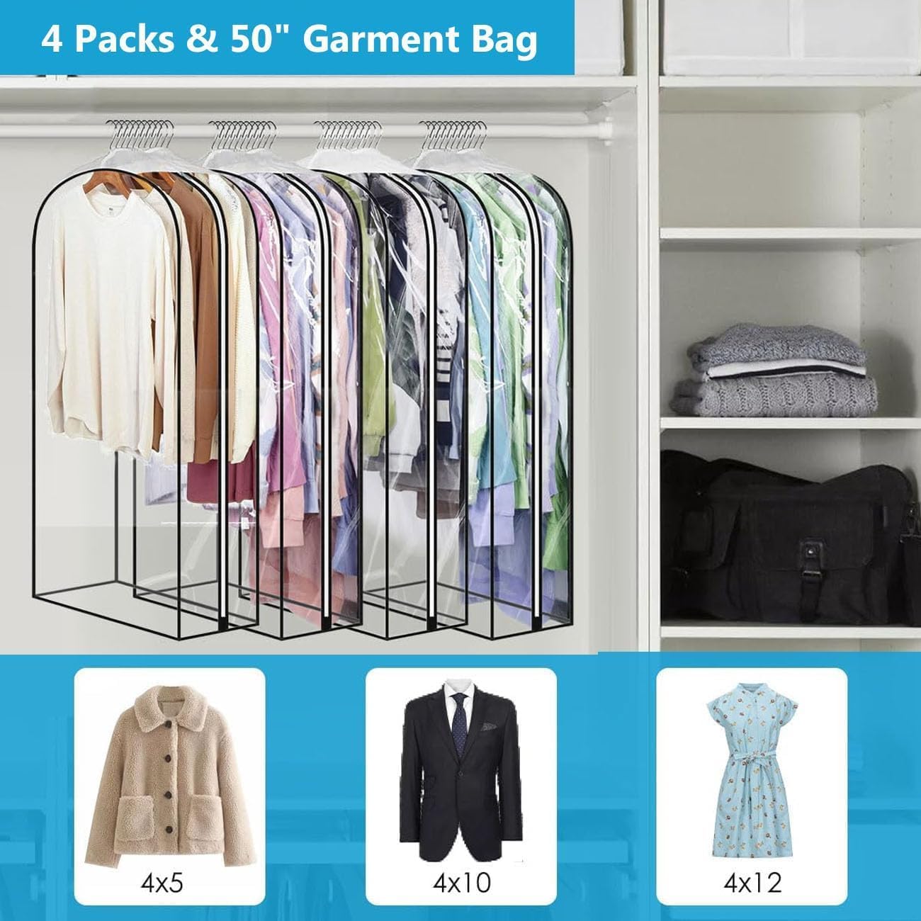 50" Clear Clothes Hangers with Smooth Side Zipper, 10" Gusseted Waterproof Garment Bags for Shirts, Coats, Dresses, Suits, 4 Pack