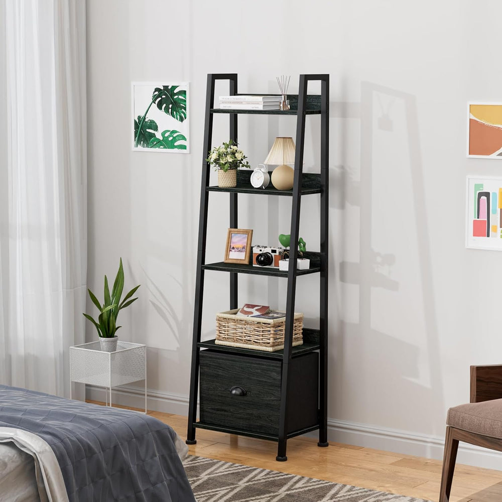 Furologee Ladder Shelf, 5 Tier Bookshelf with Fabric Drawer, Black Oak