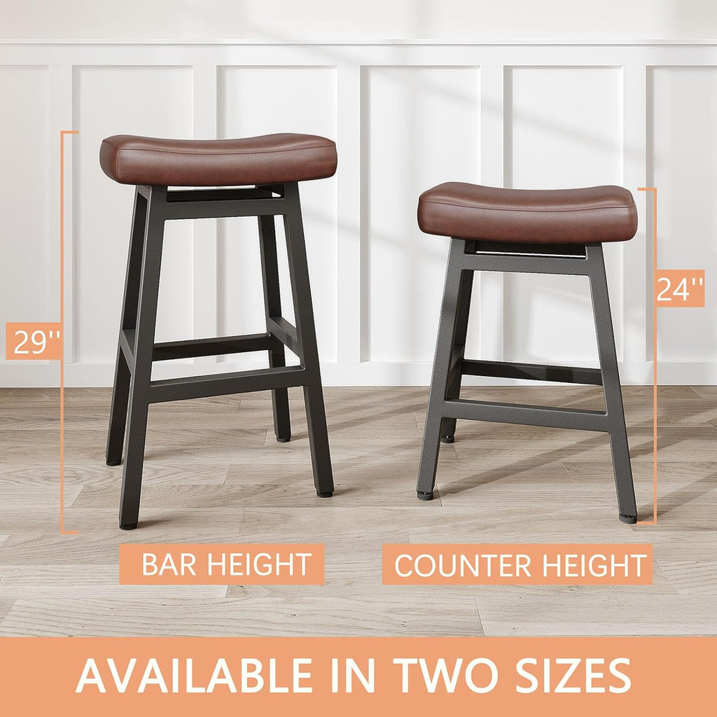 Raynesys 29 Inche Bonded Leather Counter Height Bar Stools Set of 2 Curved | Barstools with Curved Bonded Leather Seats & Heavy Duty Metal Legs for Kitchen Counter, Easy Assembly, Brown/Black
