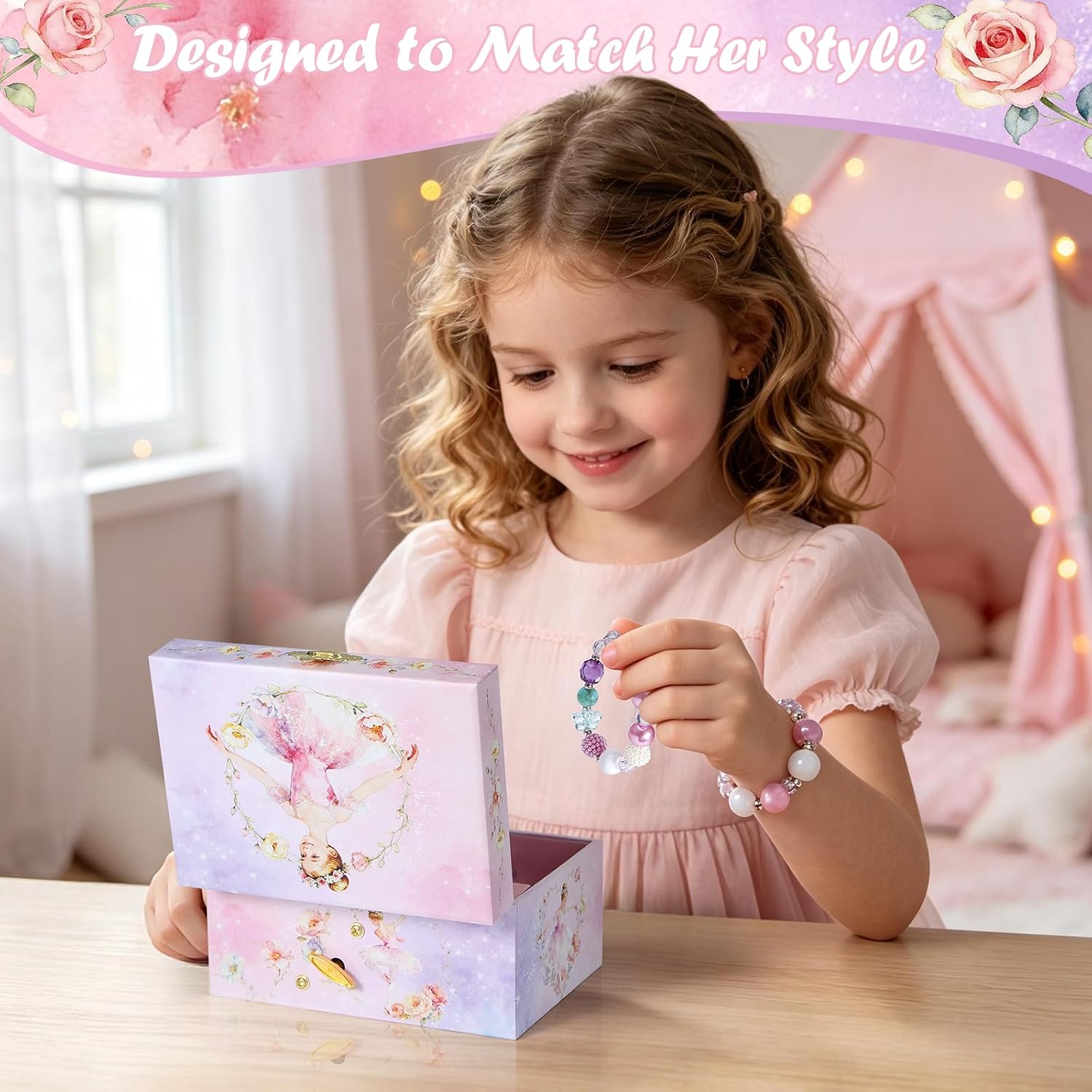 Ballerina Music Box for Girls, Swan Lake Musical Jewelry Box Organizer with Spinning Ballerina, Kids Jewelry Storage Case with Jewelry Set, Birthday for Toddler Girls