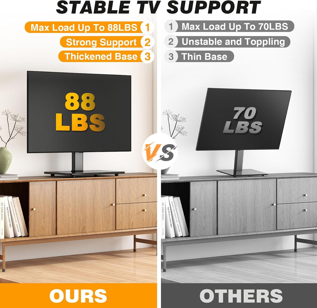5Rcom Universal Swivel TV Stand for 27-60 inch Curved/Flat Screen TVs, Table Top TV Base Replacement Holds up to 88 lbs, Height Adjustable TV Stand Mount with Tempered Glass Base, MAX VESA 400x400mm | Height Adjustable Table Top TV Base Replacement