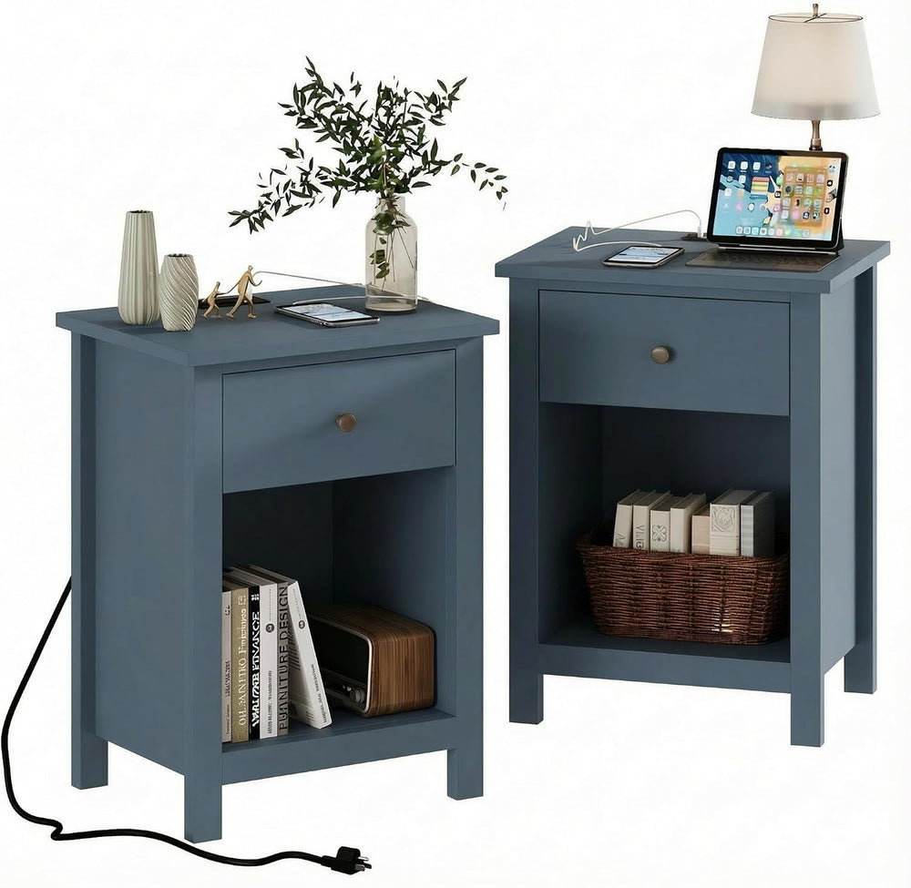 ChooChoo Farmhouse Nightstand with Charging Station Set of 2 | Wooden Top Bed...