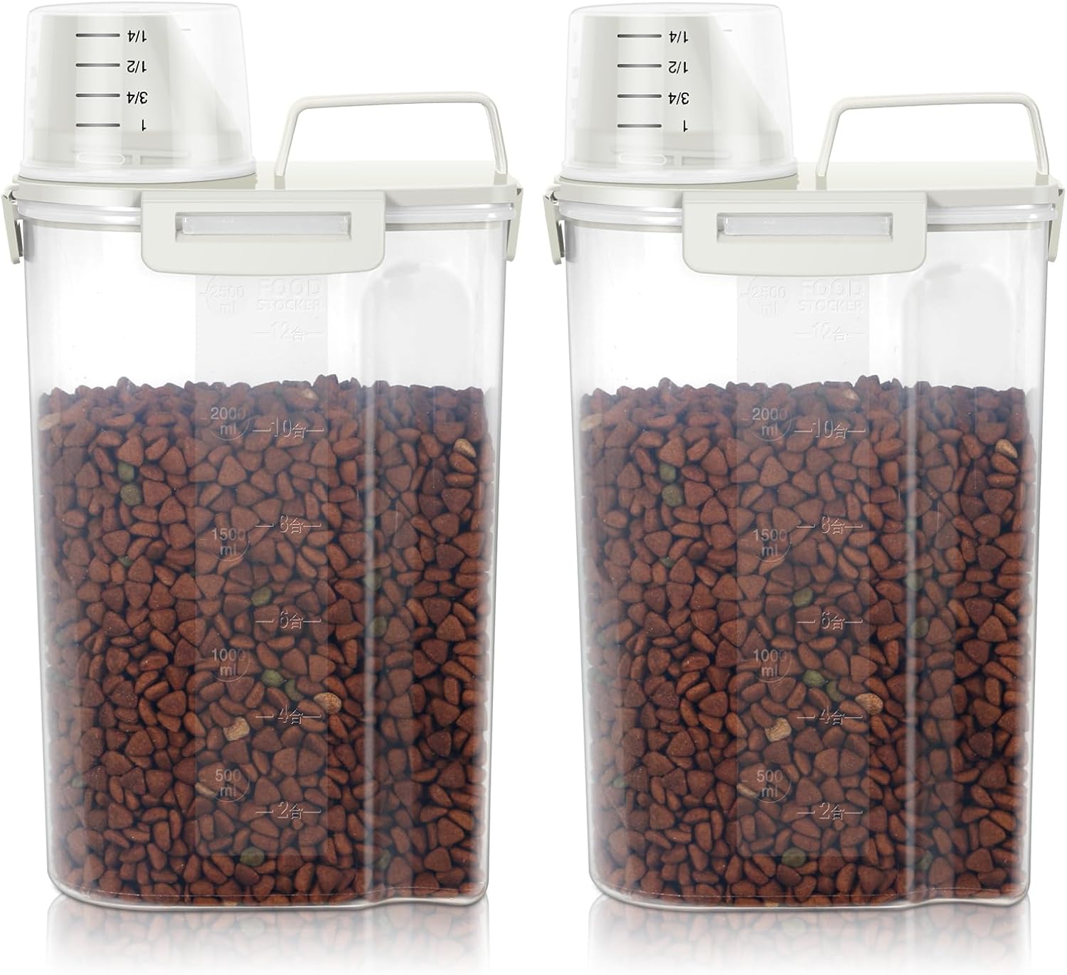 3-5Lbs Airtight Small Cat Dog Pet Food Storage Containers BPA Free, with Large Pour Spout/1 Measuring Cup/ 4 Safety Locks and Double-layer Silicone Strip (Off White 2Pack)