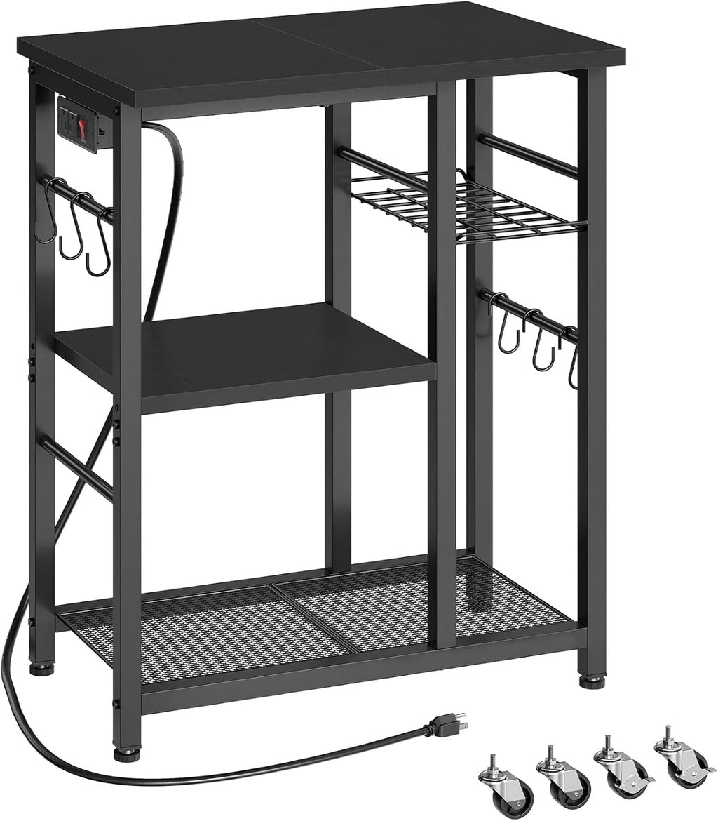 YATINEY Movable Bakers Rack, Microwave Stand with Charging Station, Kitchen Storage Rack with Hooks and Basket, Casters and Adjustable Feet, for Small Space, Kitchen, Dining Room, Black HB04UBB