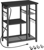 YATINEY Movable Bakers Rack, Microwave Stand with Charging Station, Kitchen Storage Rack with Hooks and Basket, Casters and Adjustable Feet, for Small Space, Kitchen, Dining Room, Black HB04UBB