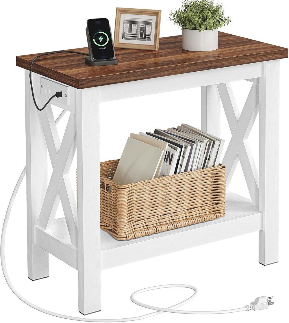 HOOBRO End Table with Charging Station, Farmhouse Narrow Side Table, 2-Tier w...