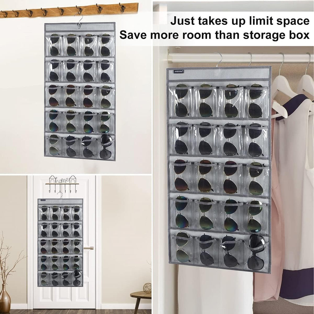 Dual Sided Hanging Sunglasses Organizer Storage Wall Mounted Eyeglasses Holder Eyewear Display Case with 40 Clear Slots (40 Pockets-Grey)