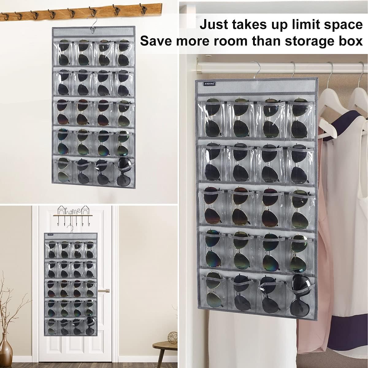 Dual Sided Hanging Sunglasses Organizer Storage Wall Mounted Eyeglasses Holder Eyewear Display Case with 40 Clear Slots (40 Pockets-Grey)