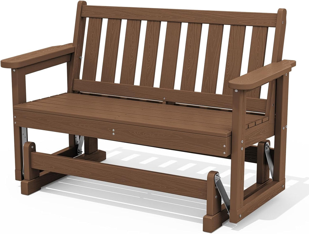 SERWALL 2 Person Patio Glider Bench, HDPE All Weather Swinging Bench, Brown