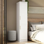 ECACAD White Slim Wardrobe Armoire with 2 Doors, 3-Tier Shelves & Hanging Rod, Wooden Closet Storage Cabinet for Bedroom (15.7”W x 19.3”D x 74.8”H)