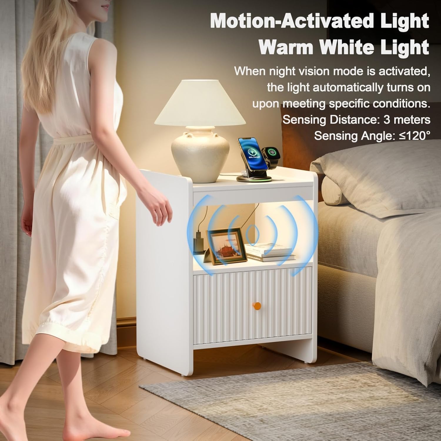 HIFYOBRO 21.6" Tall Fluted Nightstand, End Table with Charging Station and LED Light, Modern End Side Table with Drawer(White)