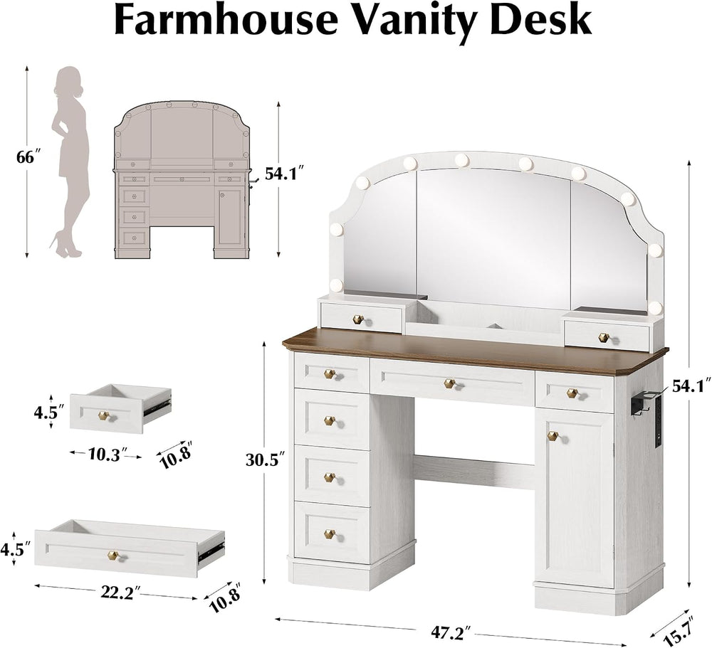 Farmhouse Makeup Vanity Desk with Mirror and Lights, 47'' Vanity Tabl...