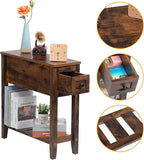 Brown Chairside Narrow End Table, Solid Wood Recliner Side Table with Drawer, Slim Nightstand Bedside Table for Living Room Bedroom