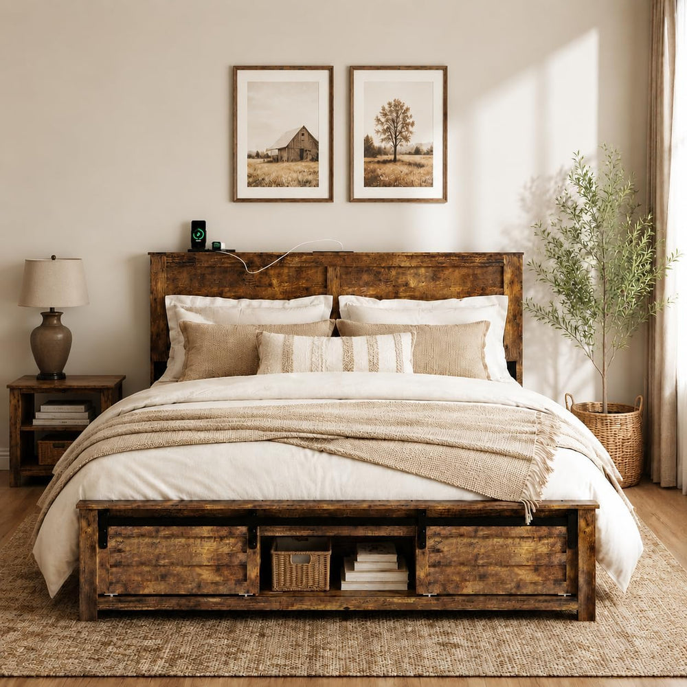 Wooden Queen Bed Frame with Headboard, Farmhouse Storage, Barn Door