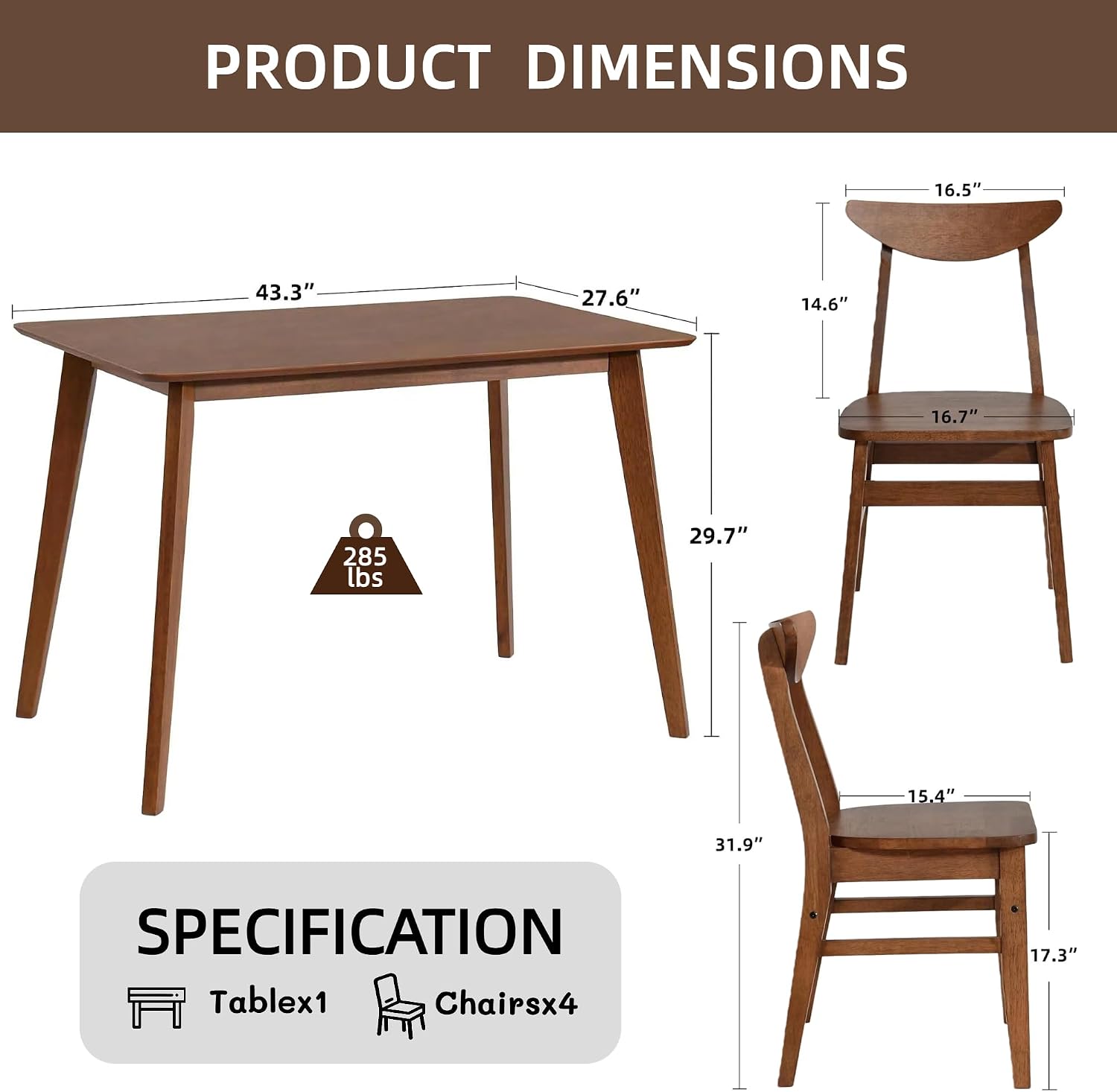 DUHOME Wood Dining Table Set for 4, 43.3" Solid Wood Kitchen Table & 4 Curved Back Support Chairs, Farmhouse Natural Kitchen Table and Chairs for Small Apartment, Dining Room Kitchen